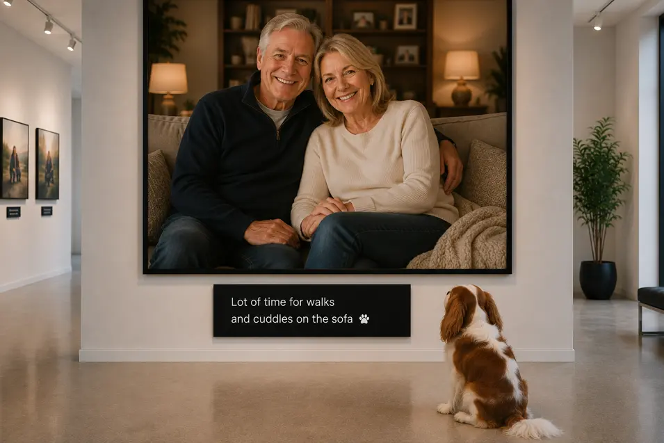 Cavalier King Charles Spaniel sits on a gallery bench admiring a portrait of a smiling older couple, with a plaque promising walks and sofa cuddles.