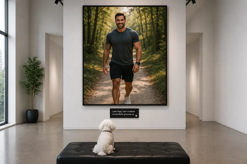 Maltese sits on a gallery bench admiring a portrait of a friendly man on a forest path, with a plaque noting his childhood dog, Bella.