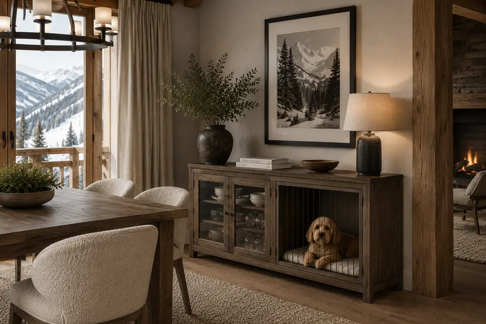 Alpine chic dining room with mountain views, rustic wood sideboard dog kennel, cozy textures, and warm chalet-style elegance.