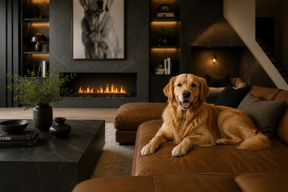Golden Retriever lounging on a brown leather sofa in a modern luxury living room with a fireplace, dog artwork, and warm ambient lighting.