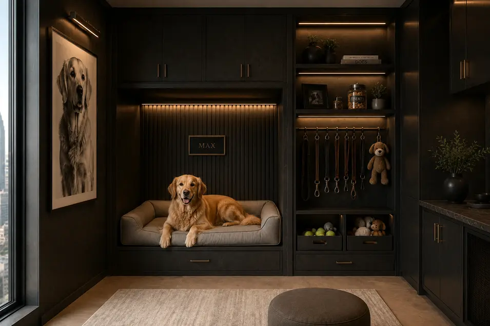 Golden Retriever relaxing in a custom built-in dog bed surrounded by organized leash storage, toys, and modern luxury cabinetry.