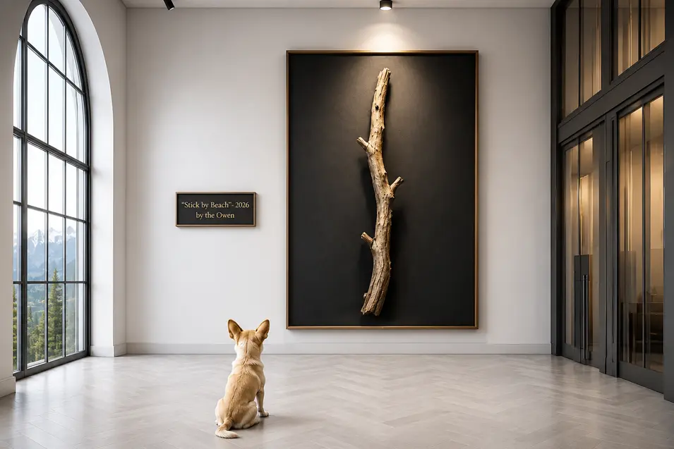 Dark contemporary gallery featuring a framed driftwood sculpture titled “Stick by Beach” (2026, by the Owen), admired by a Chihuahua seated beneath it.