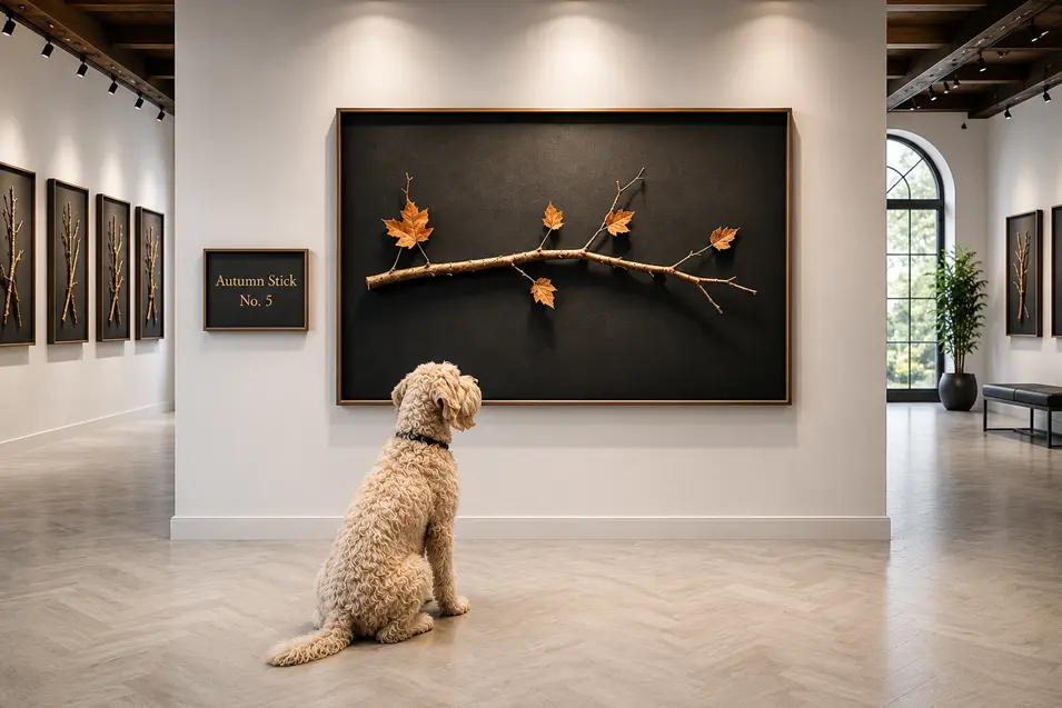Soft-coated Wheaten Terrier admires a branch adorned with autumn leaves in a gallery alcove, surrounded by stick art and a plaque titled “Autumn Stick No. 5.”