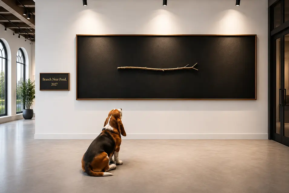Basset hound admires a delicate branch displayed in a minimalist gallery, beside a plaque titled “Branch Near Pond, 2027,” under warm spotlights.