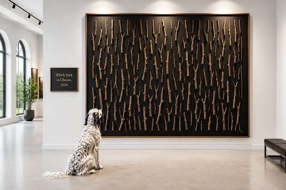 English setter studies a wall-sized collection of branches in a moody gallery, beside a plaque titled “Which Stick to Choose, 2024.”