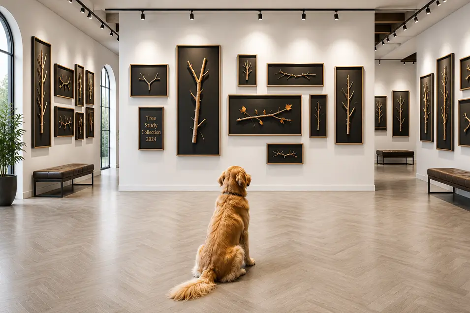 Golden retriever sits in a modern gallery, viewing framed tree branches displayed as art on white walls under track lighting.
