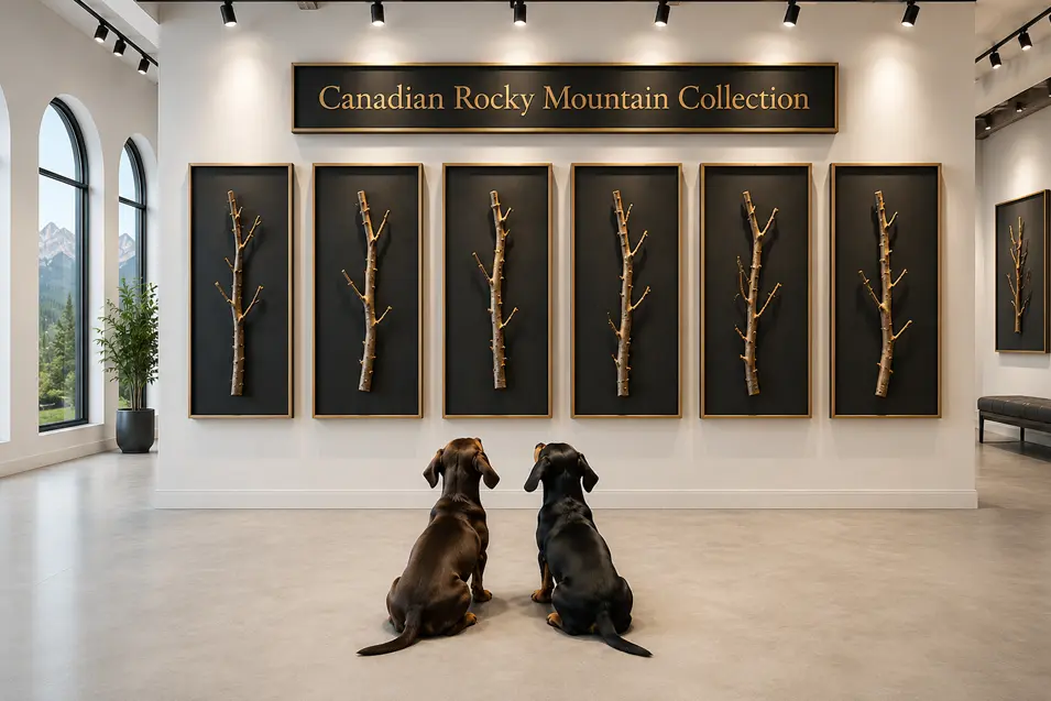Two dachshunds sit side by side admiring the Canadian Rocky Mountain Collection, a gallery wall of framed stick art beneath warm spotlights.