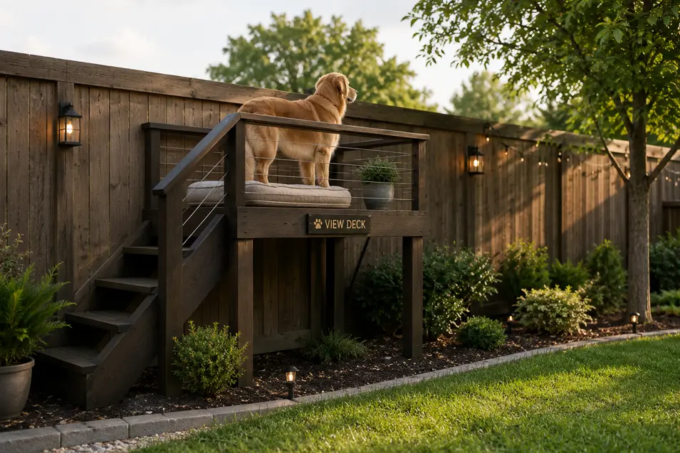 Backyard dog viewing deck with stairs and railings along a fence, giving a golden retriever an elevated lookout over the yard and neighborhood.