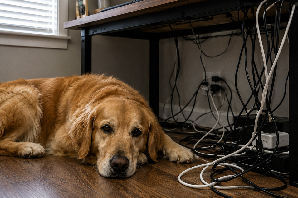 dog next to computer cords