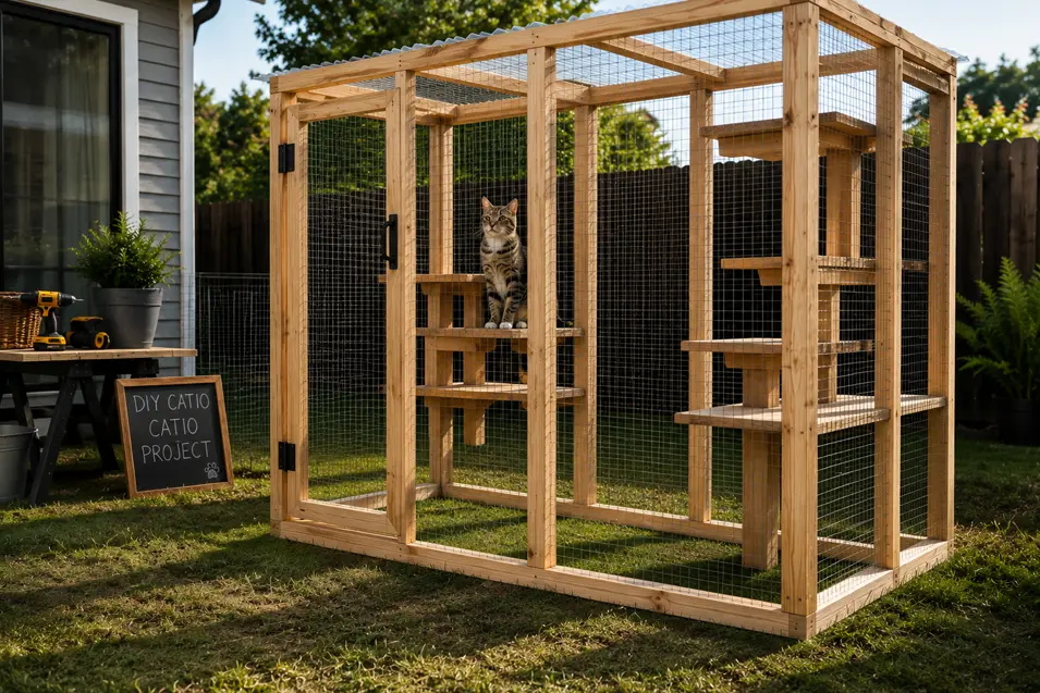 Completed DIY backyard catio with wire mesh walls, climbing shelves, and a secure mesh roof, where a cat tests the enclosure from an elevated perch.