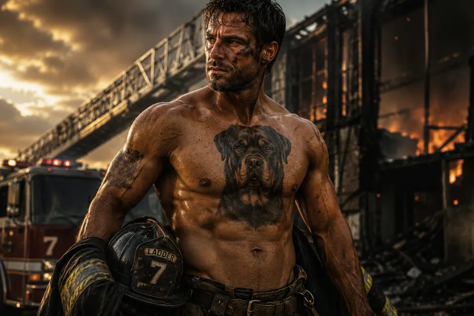 Shirtless firefighter with a powerful Rottweiler chest tattoo stands before a burning building, lit by dramatic firelight and a smoky sunset sky.