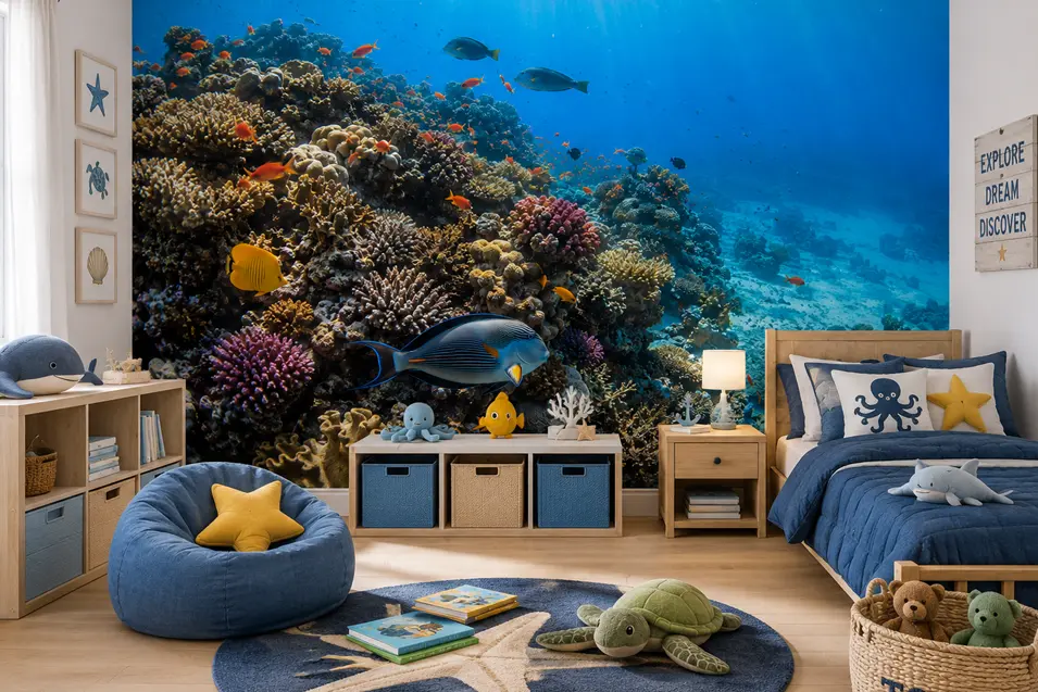 Ocean-inspired kids' room featuring a vibrant coral reef wall mural, playful marine decor, cozy furnishings, and calming coastal colors that spark imagination.