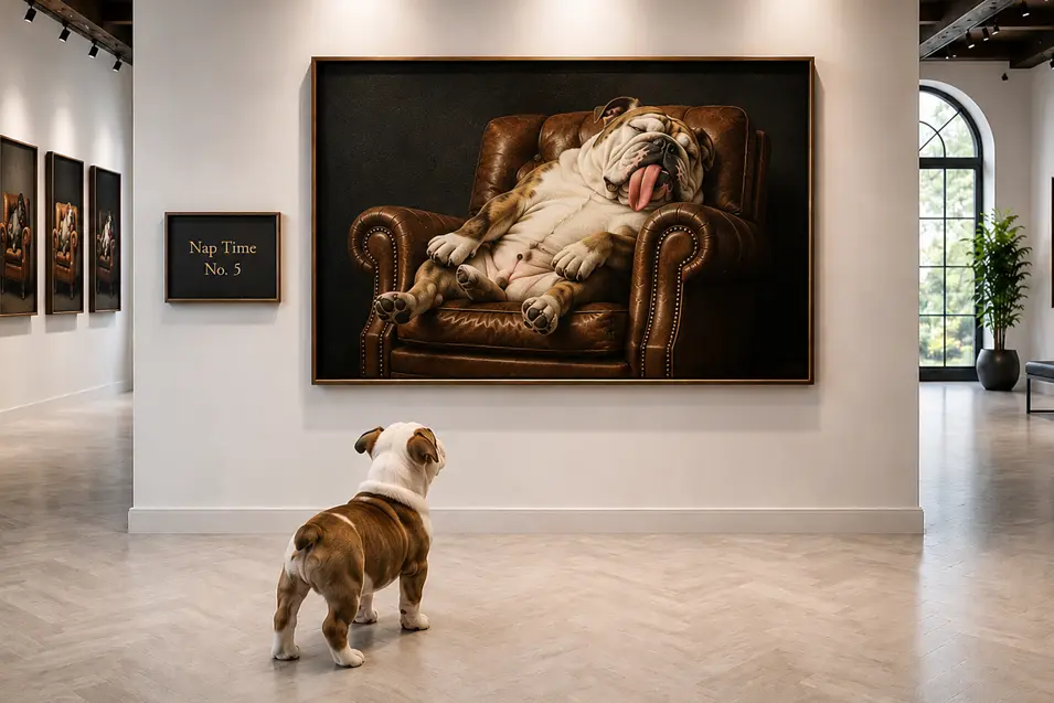 Bulldog puppy gazes at a large gallery painting of a sleeping bulldog slumped in a leather chair, tongue out, surrounded by matching framed artworks.