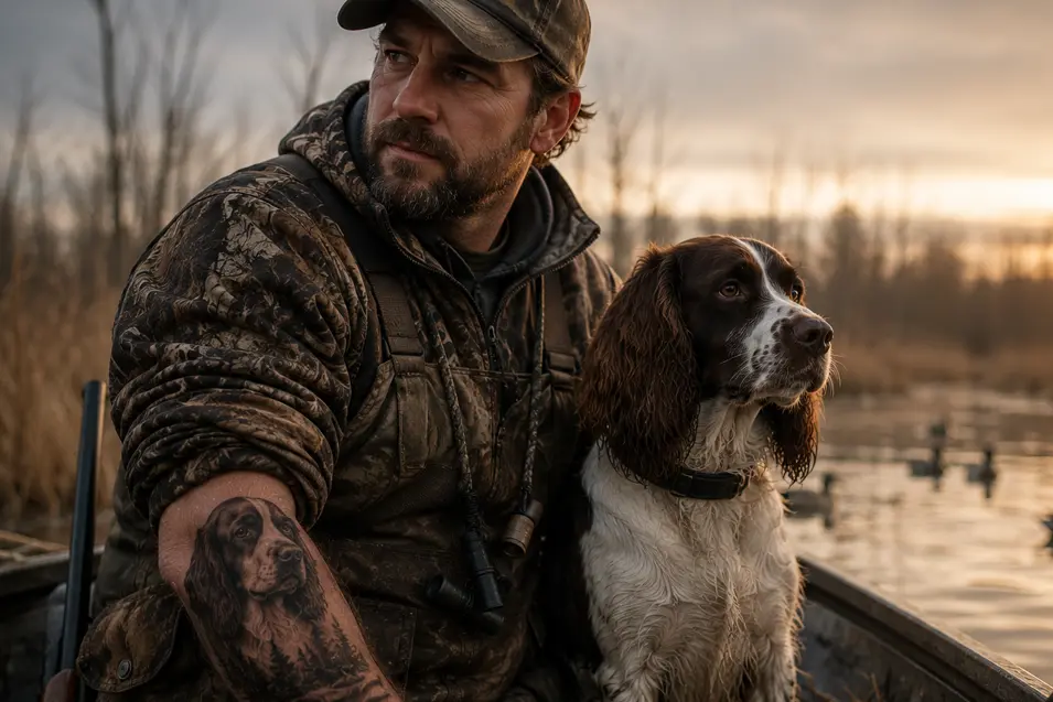 Hunter with his loyal English Springer Spaniel in a duck boat at sunrise, showcasing a realistic forearm tattoo in a peaceful marsh setting.