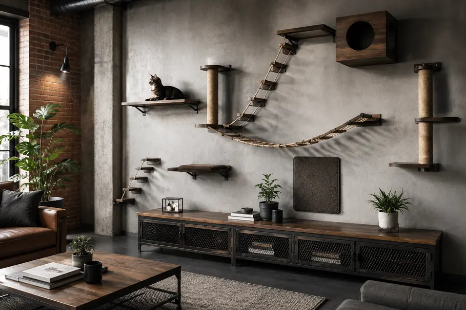 Industrial loft living room with custom cat wall furniture, dark wood shelves, rope bridge and scratching posts, concrete walls, brick accents and a lounging cat.