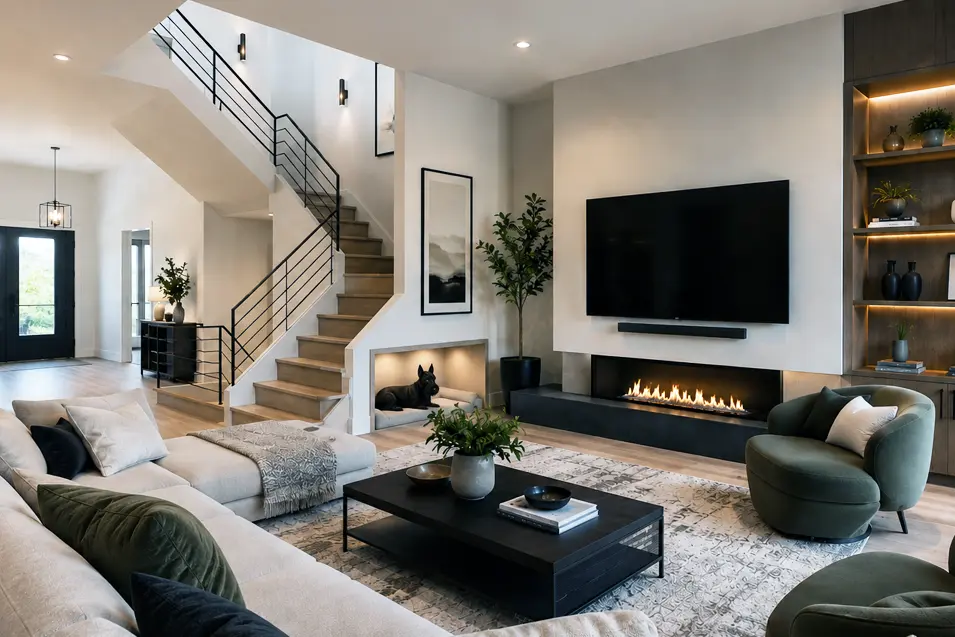 Modern living room with open staircase, built-in dog nook under the stairs, large TV, and sleek linear fireplace.