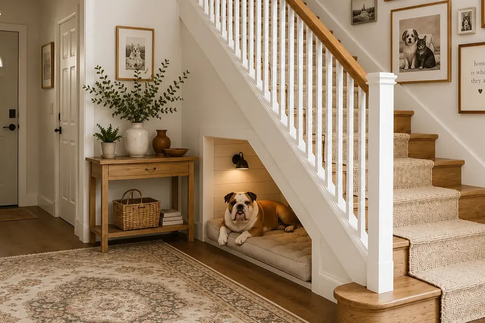 Cozy entryway with carpeted staircase, wood accents, and a built-in dog nook under the stairs with a resting bulldog.