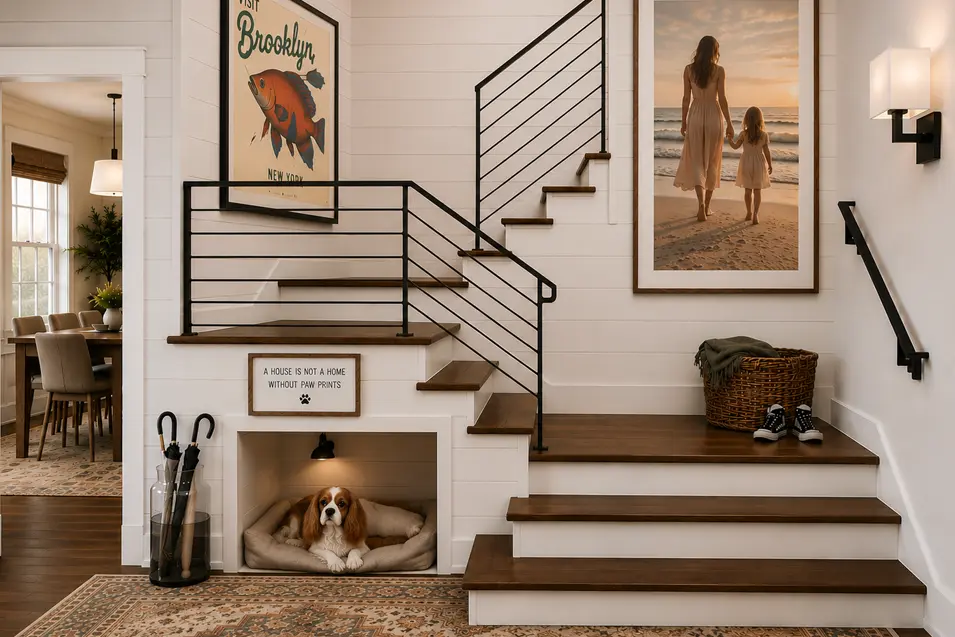 Modern farmhouse entryway with floating wood stairs, black railings, framed art, and a cozy dog nook beneath the staircase.