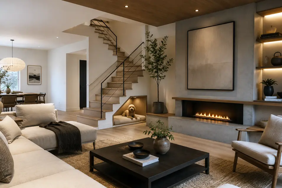 Contemporary living room with open staircase, built-in dog nook under the stairs, and a sleek linear fireplace.