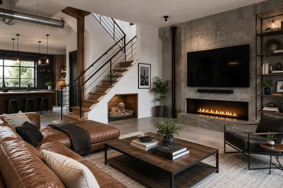 Industrial-style living room with open staircase, built-in dog nook under the stairs, leather seating, and a modern fireplace.
