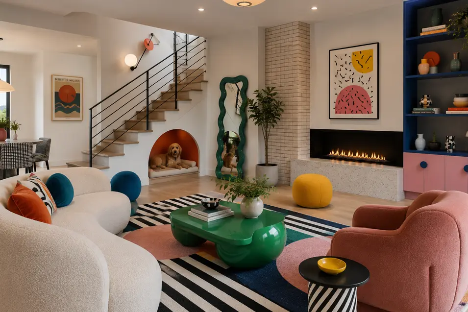 Colorful modern living room with open staircase, built-in dog nook under the stairs, bold decor, and a linear fireplace.