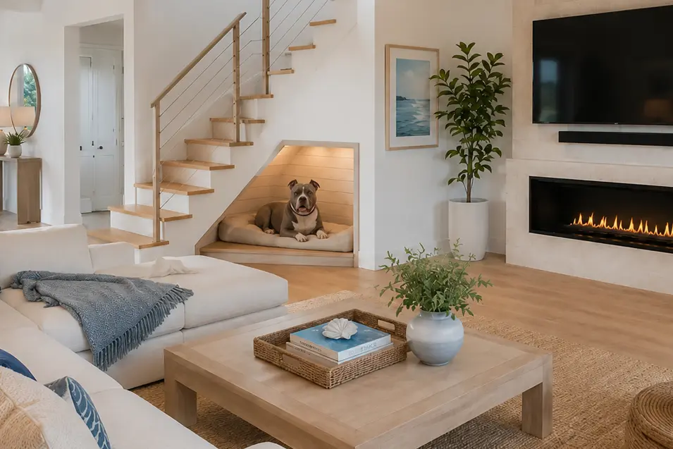 Bright modern living room with open staircase, built-in dog nook under the stairs, and a fireplace with mounted TV.