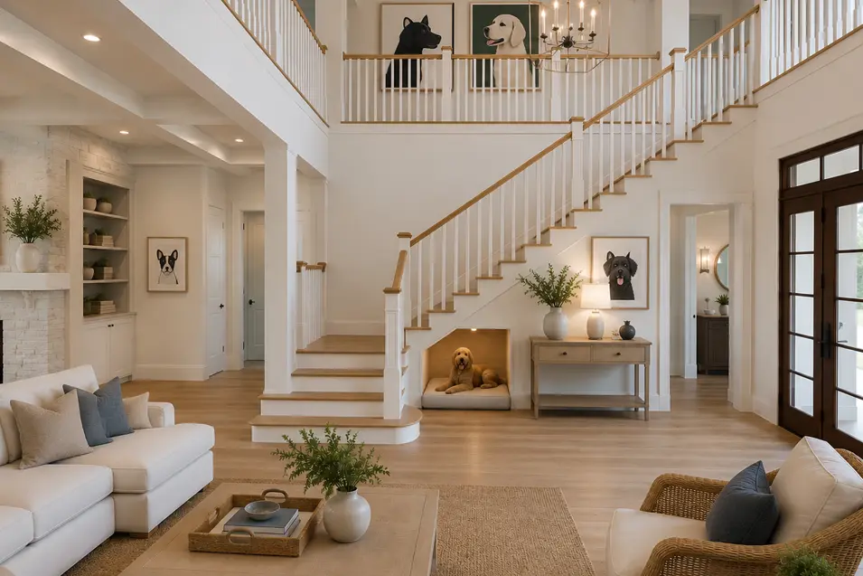 Bright two-story foyer with a staircase, built-in dog nook under the stairs, and dog-themed artwork throughout the home.