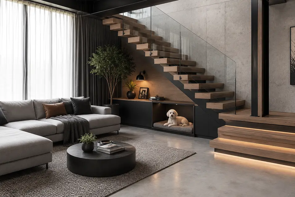 Modern living room with floating wood staircase, glass railing, and a built-in dog nook beneath the stairs with a resting puppy.