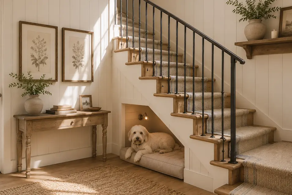 Warm farmhouse entryway with carpeted staircase, black railings, and a cozy dog nook under the stairs with a resting dog.