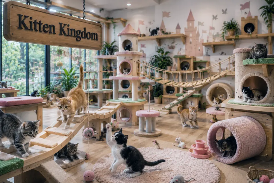 Playful kittens explore tiny ramps, rope bridges, soft platforms, and cozy hideaways in Kitten Kingdom, a playful space built for young adventurers.