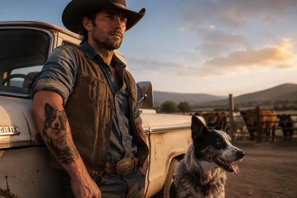 Modern cowboy leans against an old pickup beside his Border Collie, proudly displaying a realistic forearm tattoo at golden hour on the ranch.