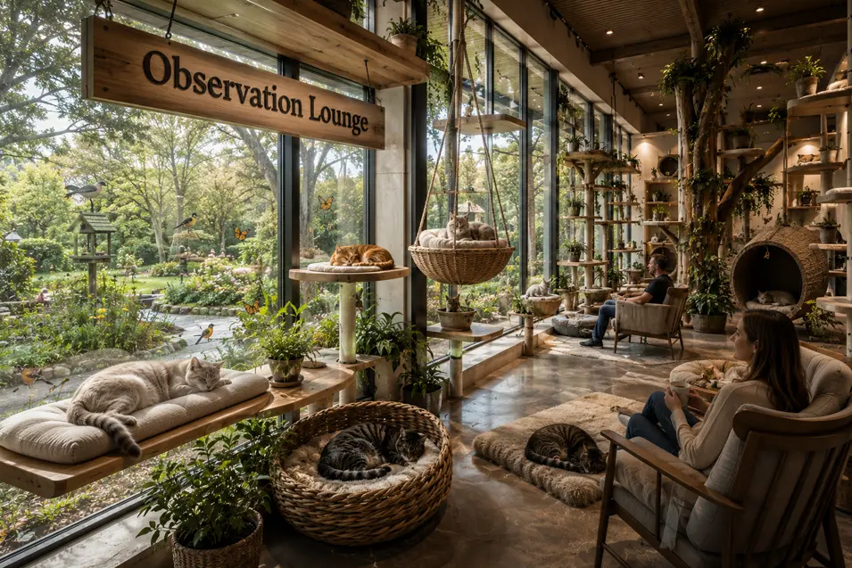 Cats lounge on cozy hammocks, baskets, and window perches in the Observation Lounge, overlooking lush gardens alive with birds and butterflies.