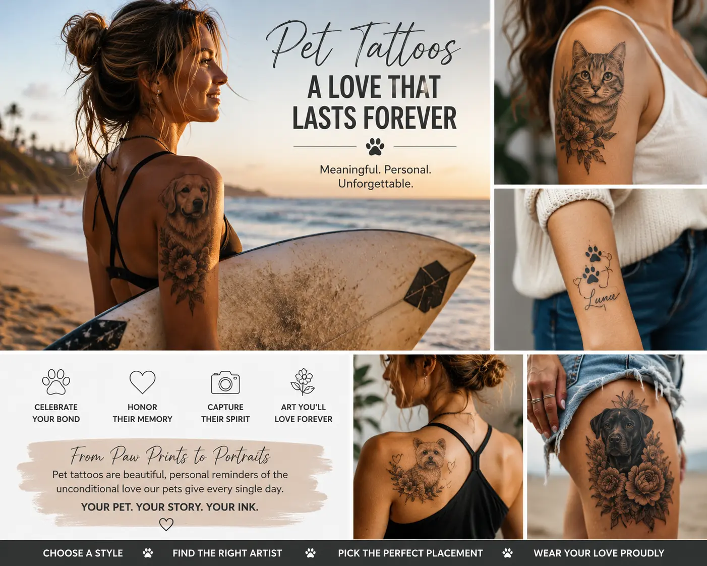 Surfer girl at sunset with a realistic dog portrait tattoo, holding a surfboard on a golden beach with warm coastal light and ocean waves.