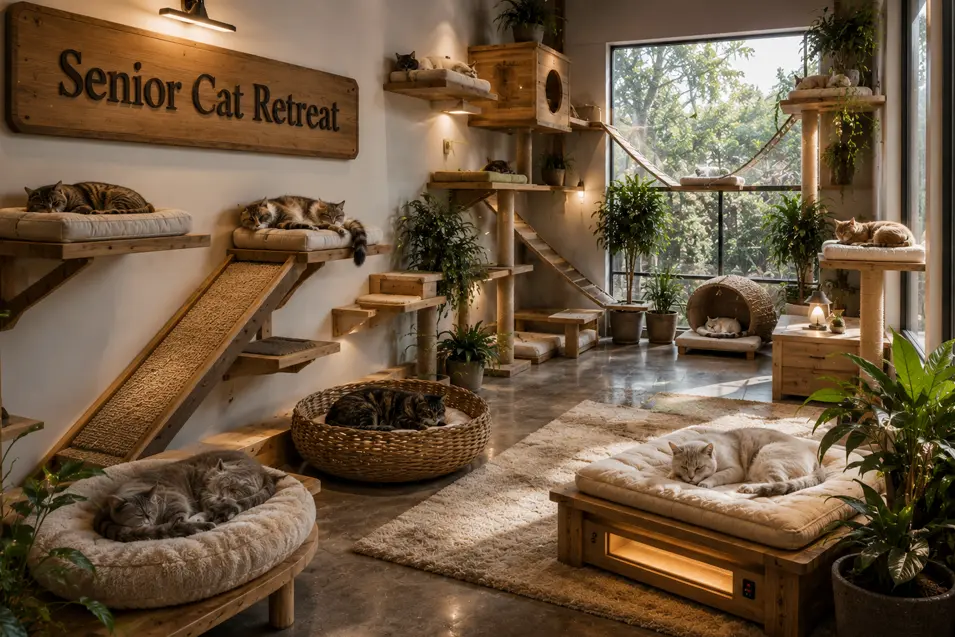 Senior cats relax on heated beds, gentle ramps, and cozy perches in a peaceful retreat designed for comfort, sunshine, and easy exploration.