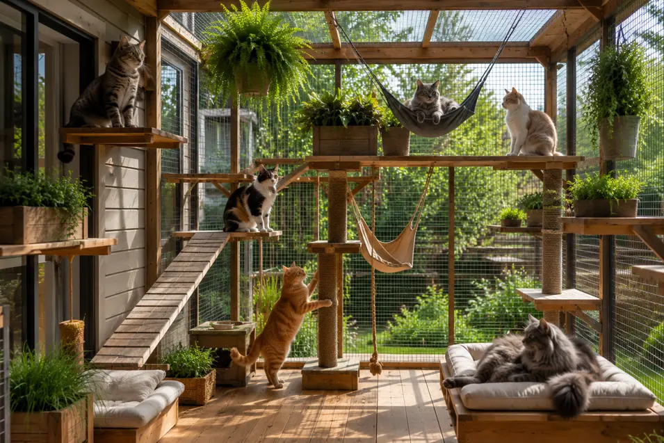 Spacious multi-level catio attached to a home, with cats lounging, climbing, and exploring ramps, shelves, hammocks, and scratching posts in natural sunlight.