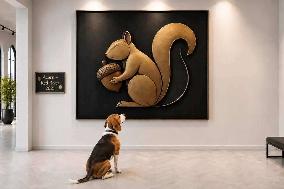 Modern gallery with a gold squirrel holding an acorn, watched by a beagle; plaque reads “Acorn—Red River, 2021” under spotlights.