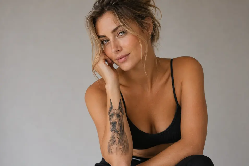 Studio portrait of a stylish woman with a realistic Great Dane forearm tattoo, soft diffused lighting, neutral backdrop, and elegant editorial styling.