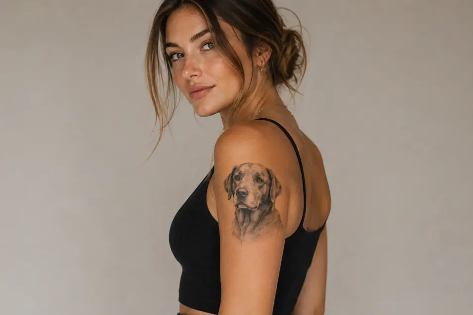 Studio portrait of a stylish woman with a realistic Labrador tattoo on her upper arm, soft lighting, neutral backdrop, and elegant editorial fashion styling.