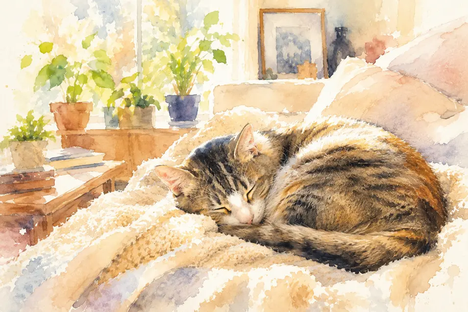 Delicate watercolor of a sleeping tabby cat curled on a cozy blanket in a sunlit living room, painted with soft pastels and flowing, elegant brushstrokes.