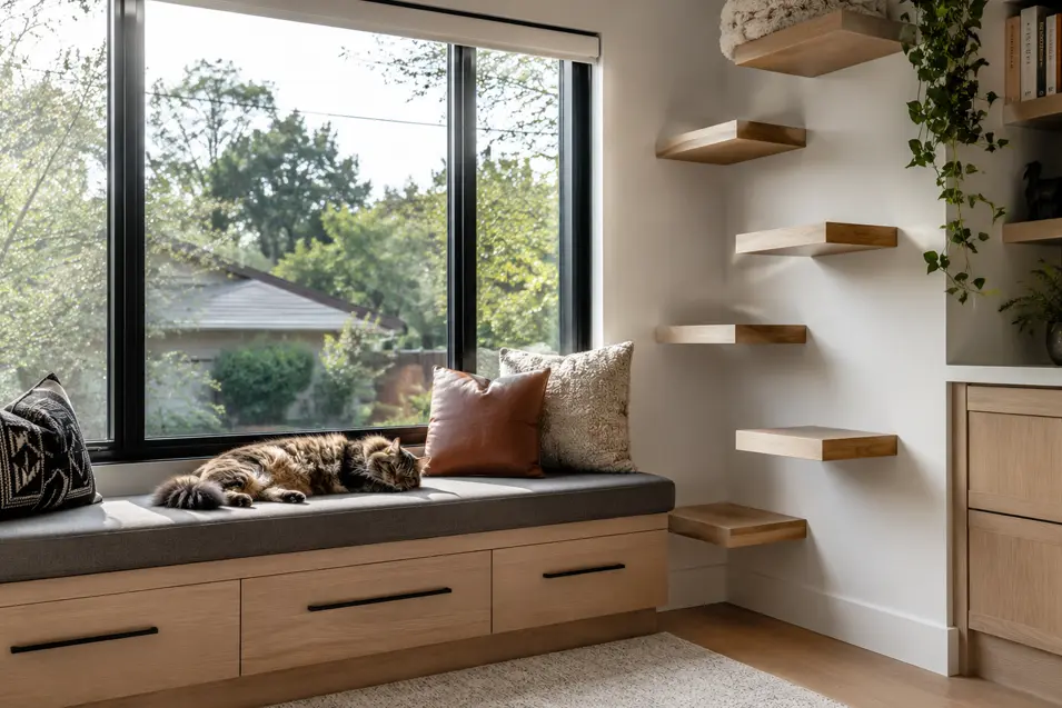 Modern window bench with a sleeping cat, floating wall-mounted cat shelves, built-in storage, and large sunlit windows in a stylish contemporary room.