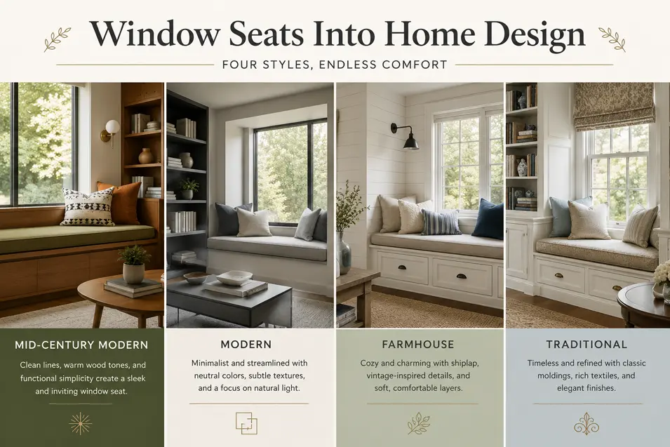 Comparison graphic showing four window seat styles—Mid-Century Modern, Modern, Farmhouse, and Traditional—with distinct built-in designs and decor elements.