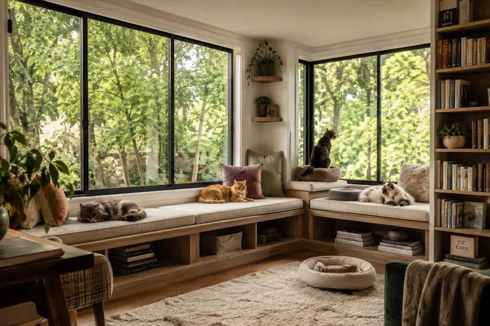 Large corner window seat designed for multiple cats, with several cats lounging in sunlit perches, surrounded by bookshelves and leafy outdoor views.