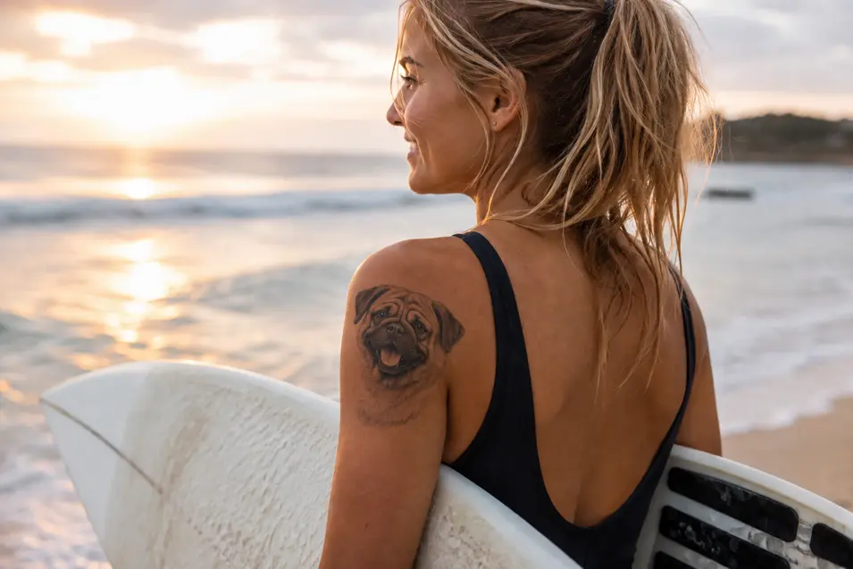 Surfer girl at sunrise carrying a surfboard, featuring a realistic pug portrait tattoo on her shoulder against a glowing beach and ocean backdrop.