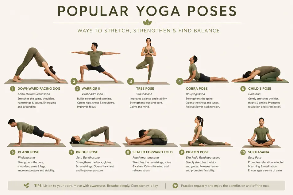 Infographic showing 10 popular yoga poses with illustrated demonstrations, pose names, benefits, and beginner-friendly wellness tips.