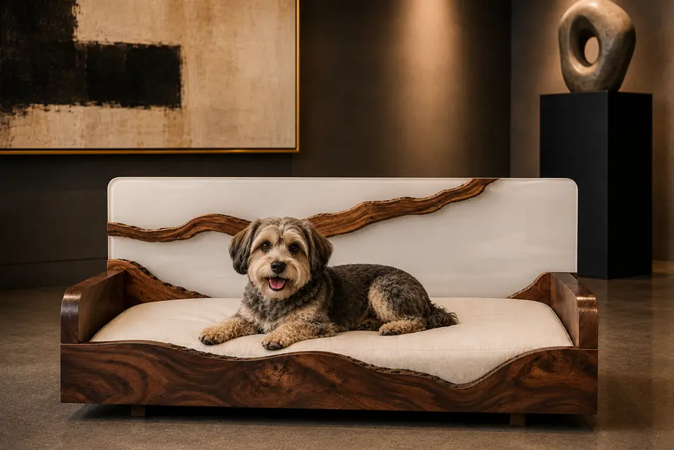 Luxury walnut and white resin dog bed with flowing live-edge details, a plush cream cushion, and a happy mixed-breed dog in a contemporary art gallery.