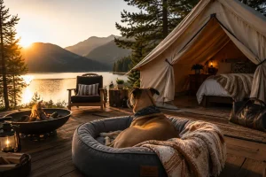 Luxury dog glamping beside a mountain lake at golden hour, with a cozy safari tent, cedar deck, fire pit and a mixed-breed dog enjoying the view.