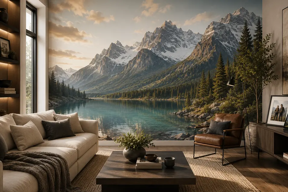 A modern living room features a dramatic mountain lake mural, warm wood accents, neutral furnishings, and cozy natural textures.