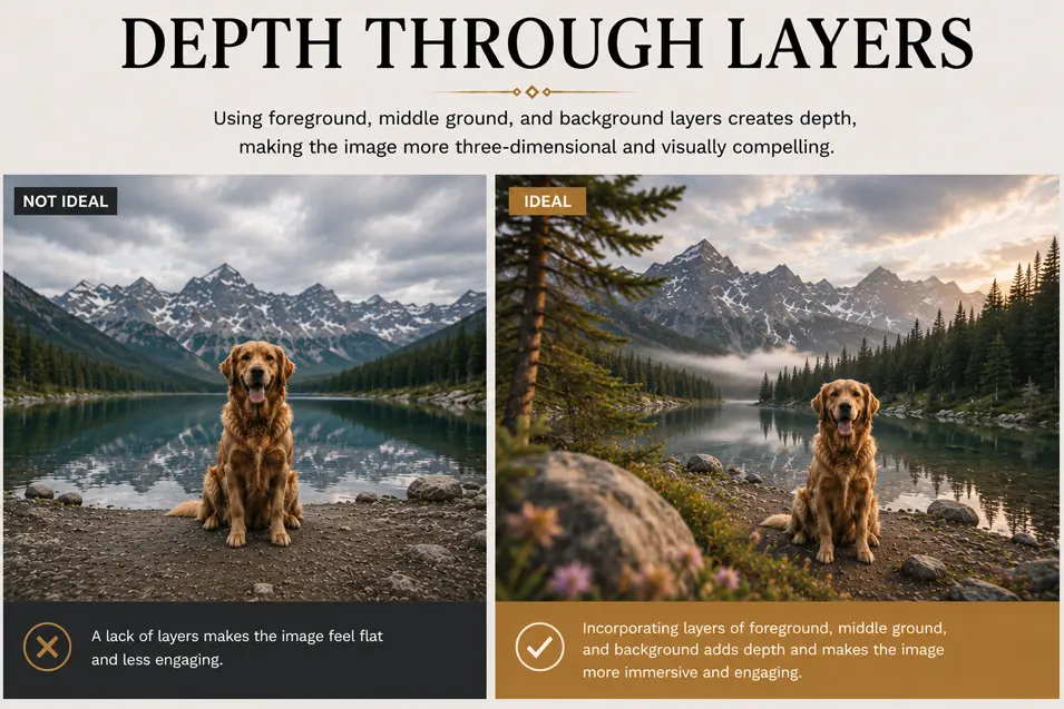 Depth Through Layers comparison showing how foreground, middle ground, and background elements create a richer, more immersive, three-dimensional composition.