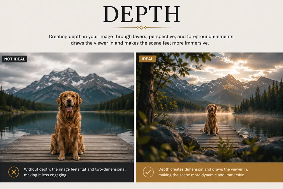 Depth comparison showing how foreground elements and layered composition create a more immersive, three-dimensional image that draws the viewer into the scene.