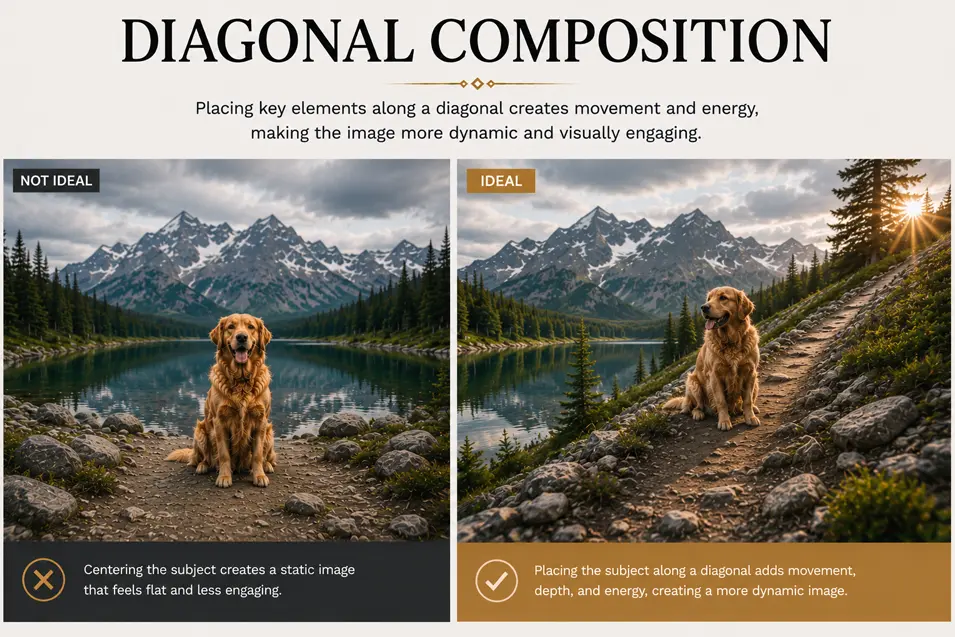 Diagonal Composition comparison showing how placing the subject along a diagonal creates movement, depth, and a more dynamic, engaging image.
